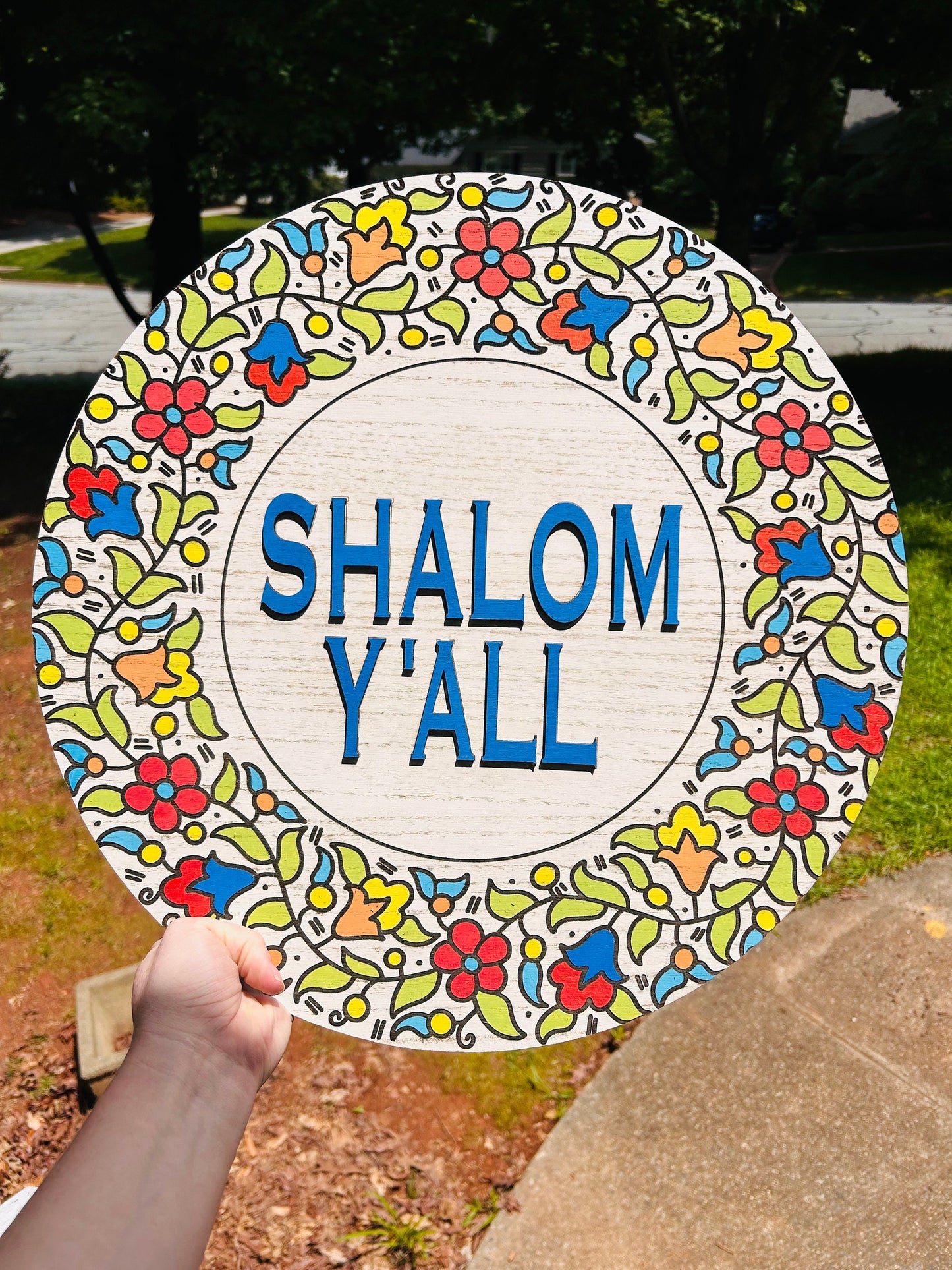 Shalom Y'all Wooden Door Hanger | 18" Judaica Decor with Floral Design