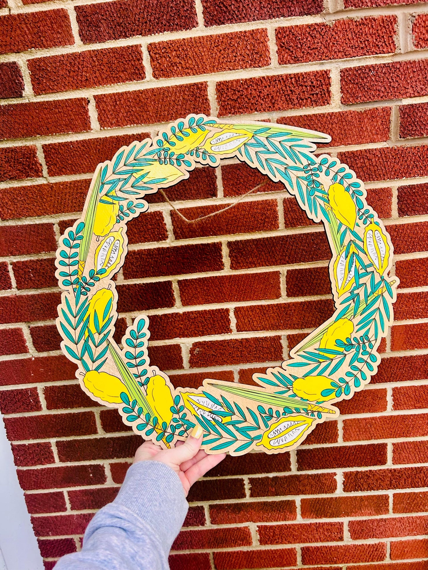 Hand-Painted Sukkot 18-inch Wooden Door Hanger | Jewish Holiday Decor | 4 Species Sukkot Wreath