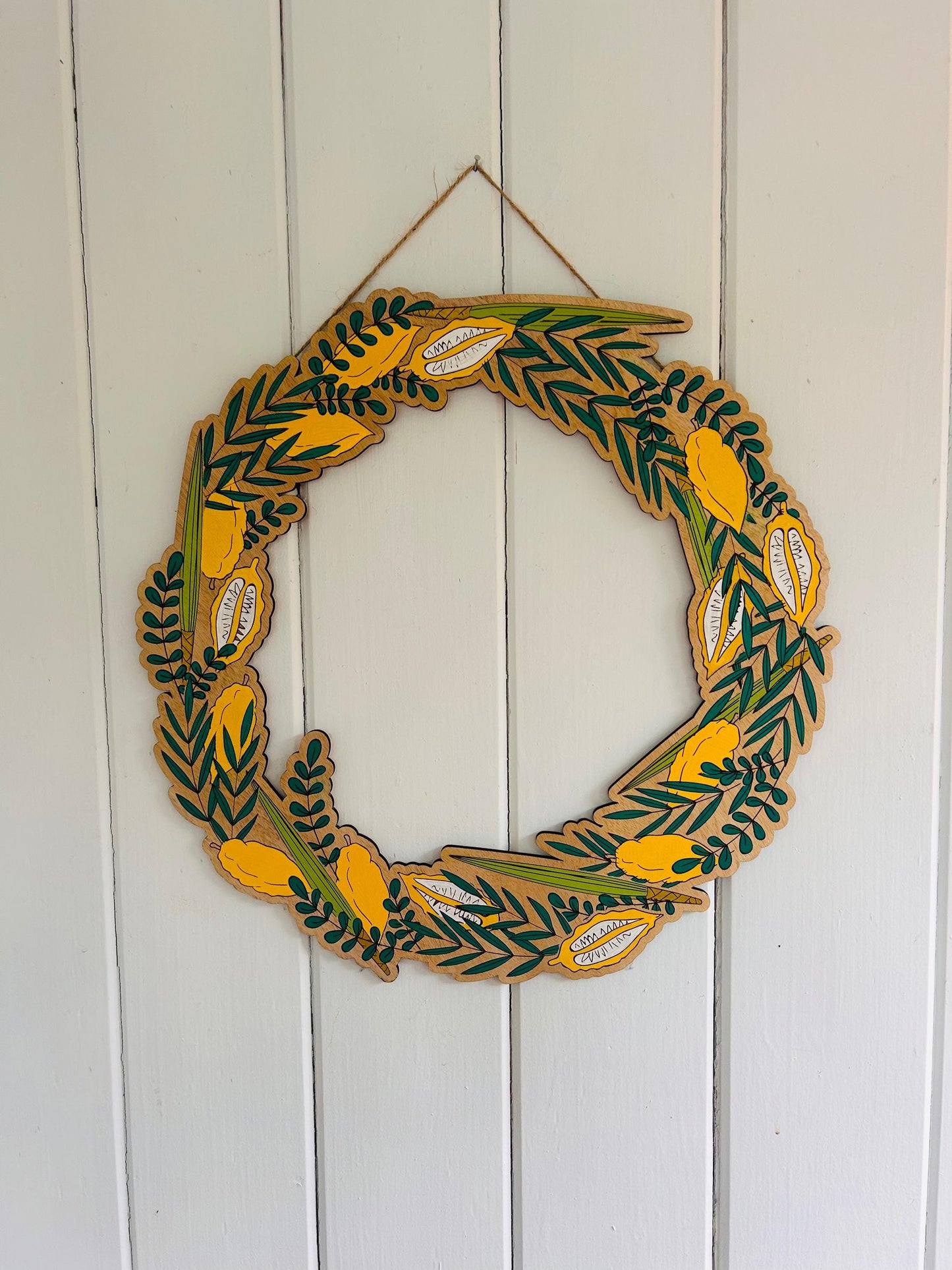 Hand-Painted Sukkot 18-inch Wooden Door Hanger | Jewish Holiday Decor | 4 Species Sukkot Wreath