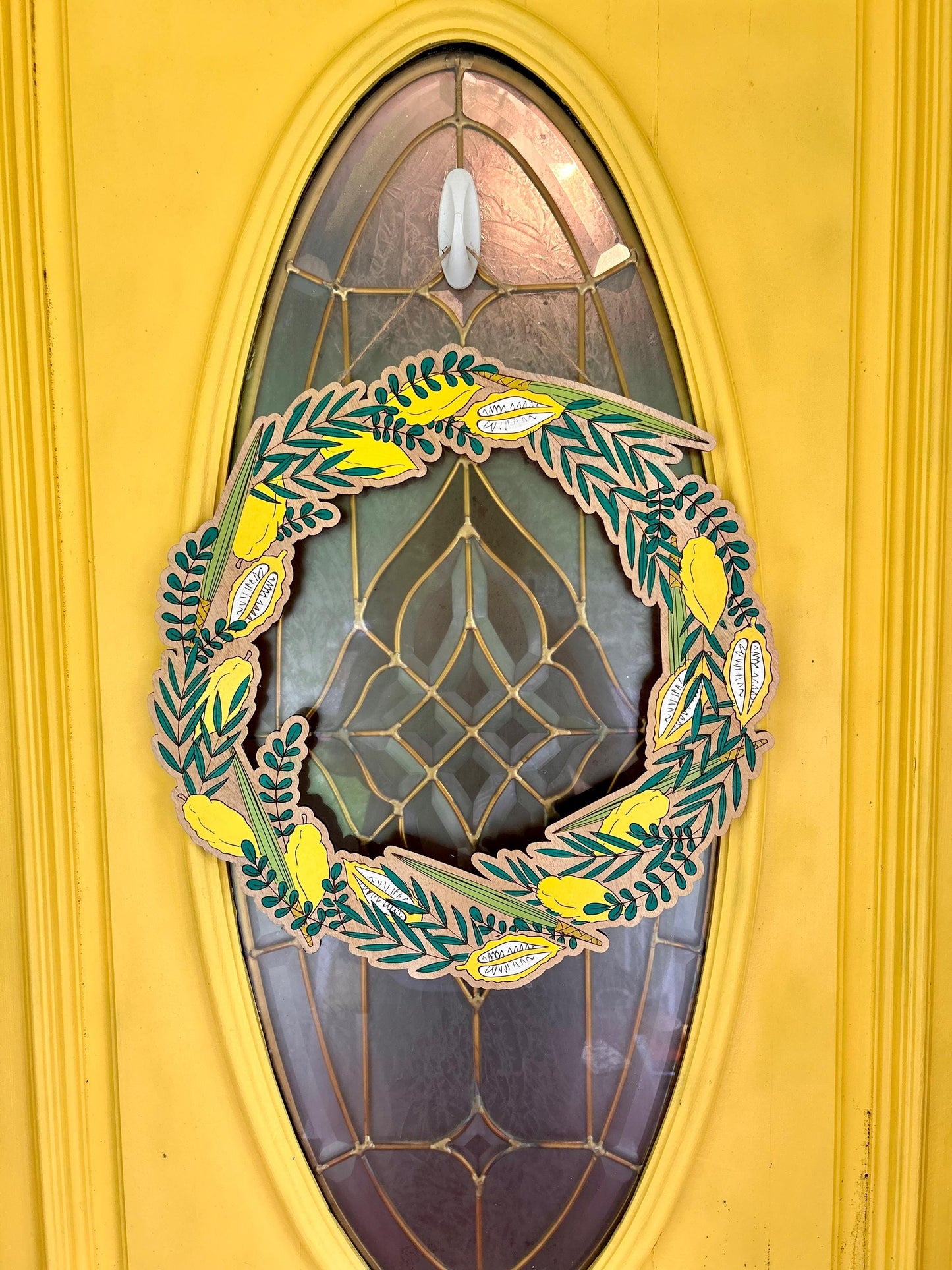 Hand-Painted Sukkot 18-inch Wooden Door Hanger | Jewish Holiday Decor | 4 Species Sukkot Wreath