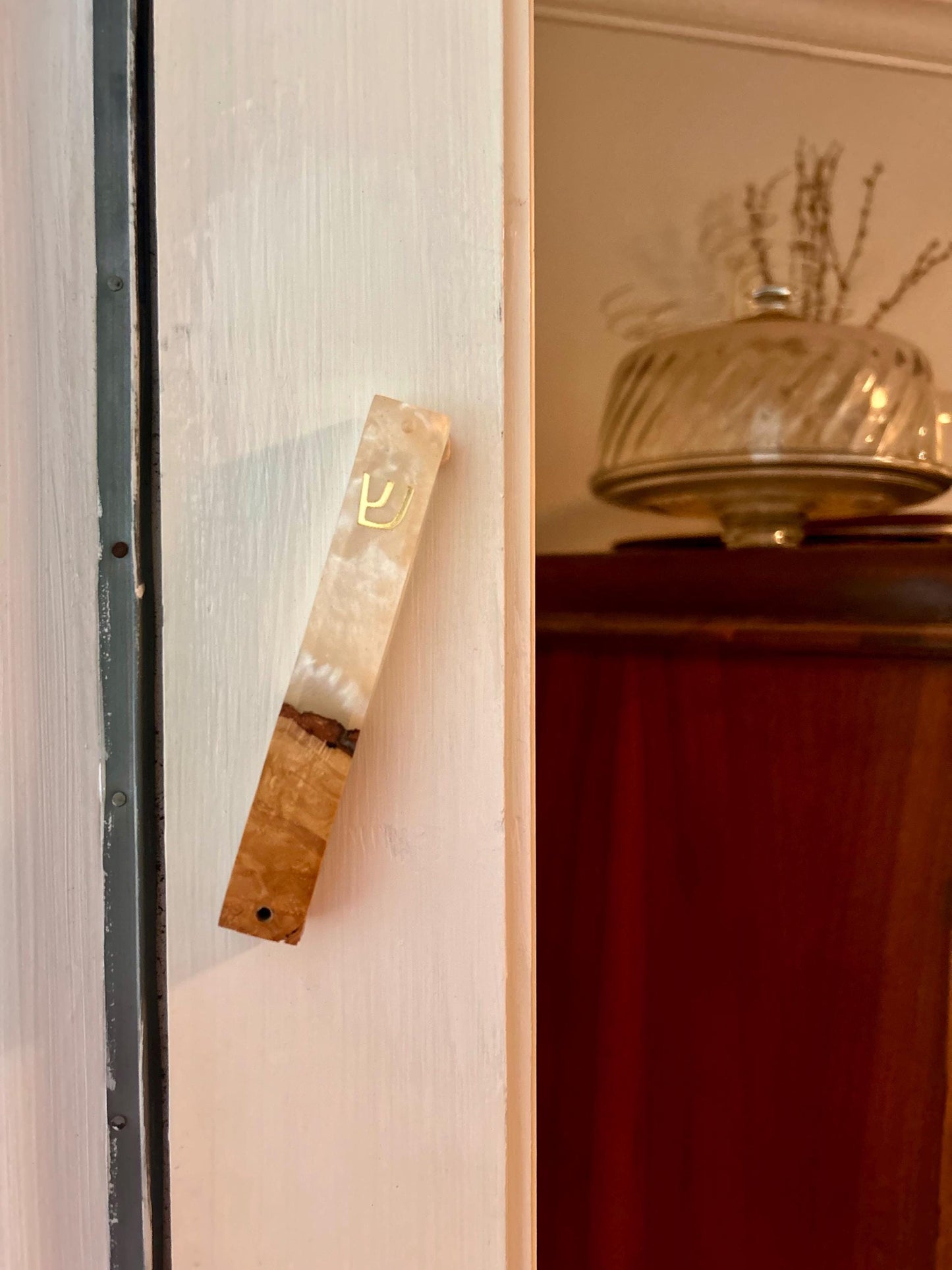 Handmade Mezuzah with Pearl Epoxy Resin & Jerusalem Olive Wood | Compatible with 4.5" Scroll | Jewish Home Decor | Modern Judaica