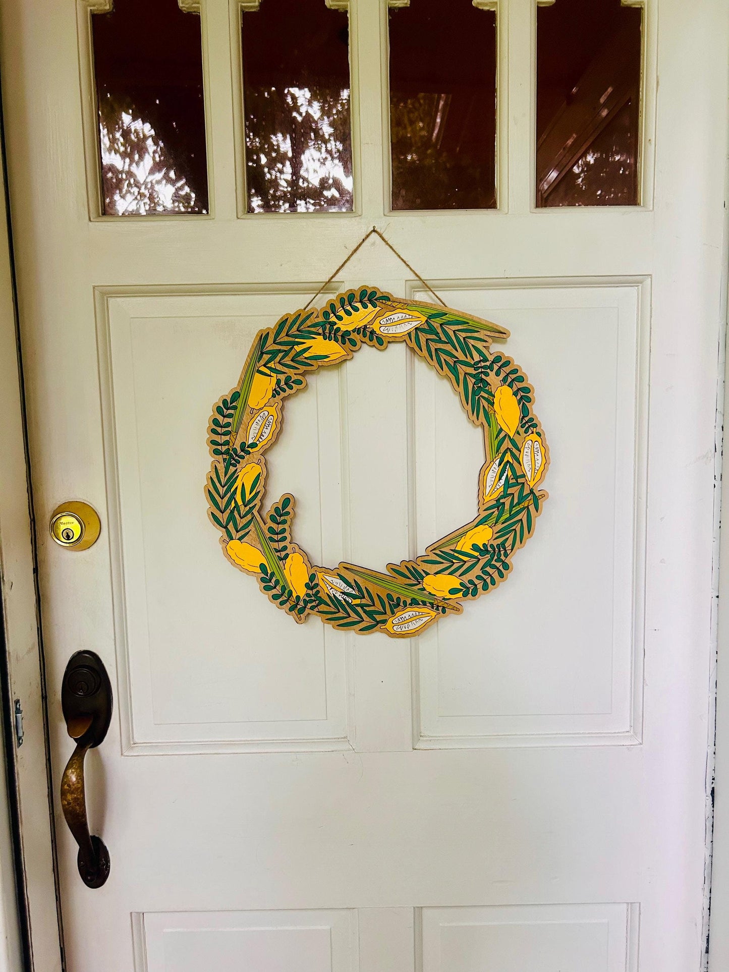 Hand-Painted Sukkot 18-inch Wooden Door Hanger | Jewish Holiday Decor | 4 Species Sukkot Wreath