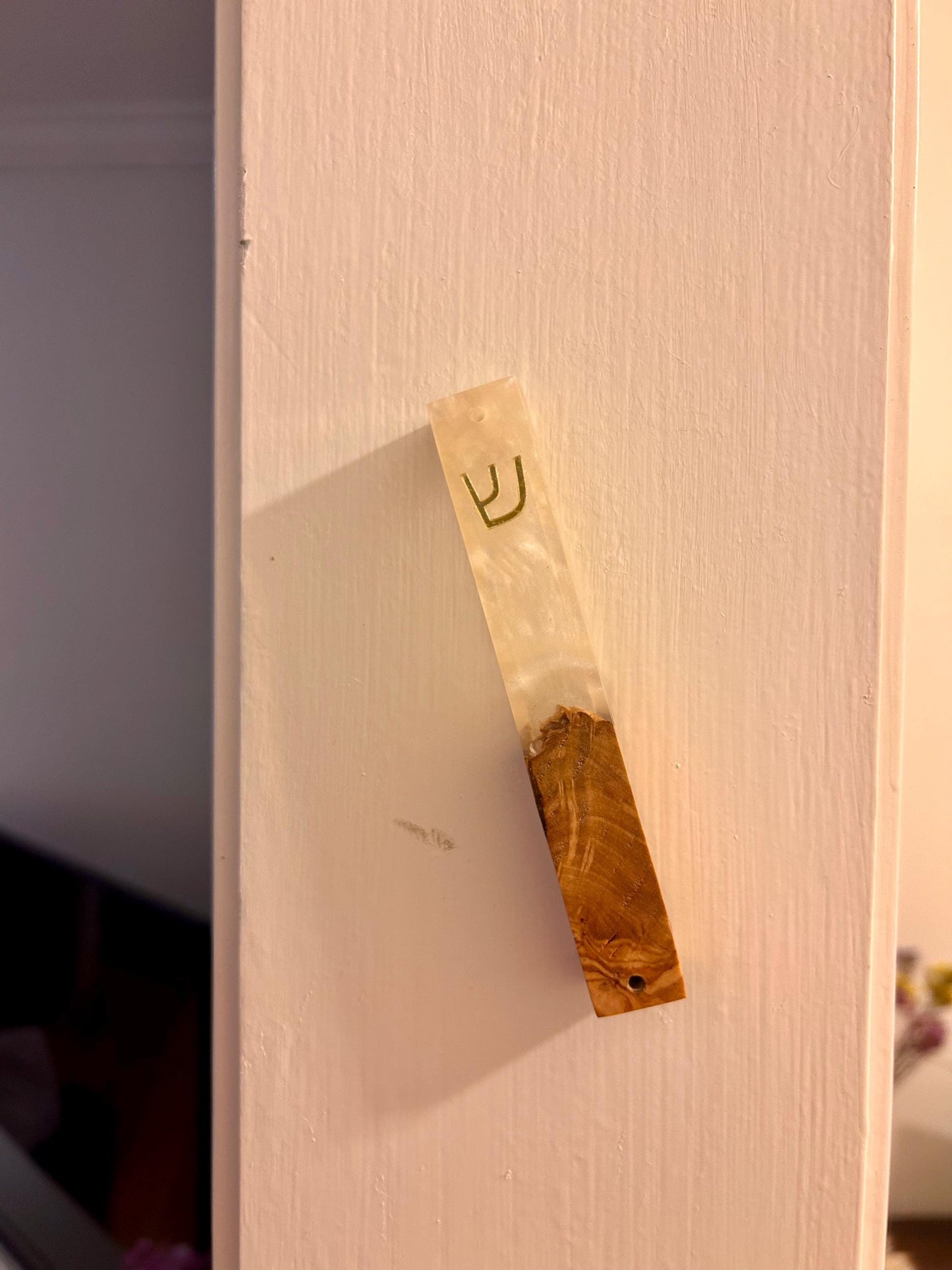 Handmade Mezuzah with Pearl Epoxy Resin & Jerusalem Olive Wood | Compatible with 4.5" Scroll | Jewish Home Decor | Modern Judaica