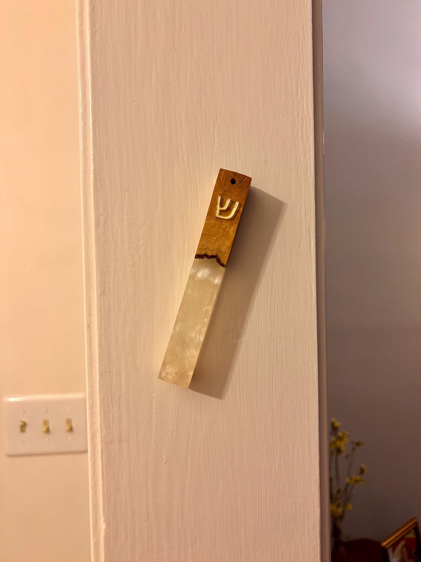 Handmade Mezuzah with Pearl Epoxy Resin & Jerusalem Olive Wood | Compatible with 4.5" Scroll | Jewish Home Decor | Modern Judaica