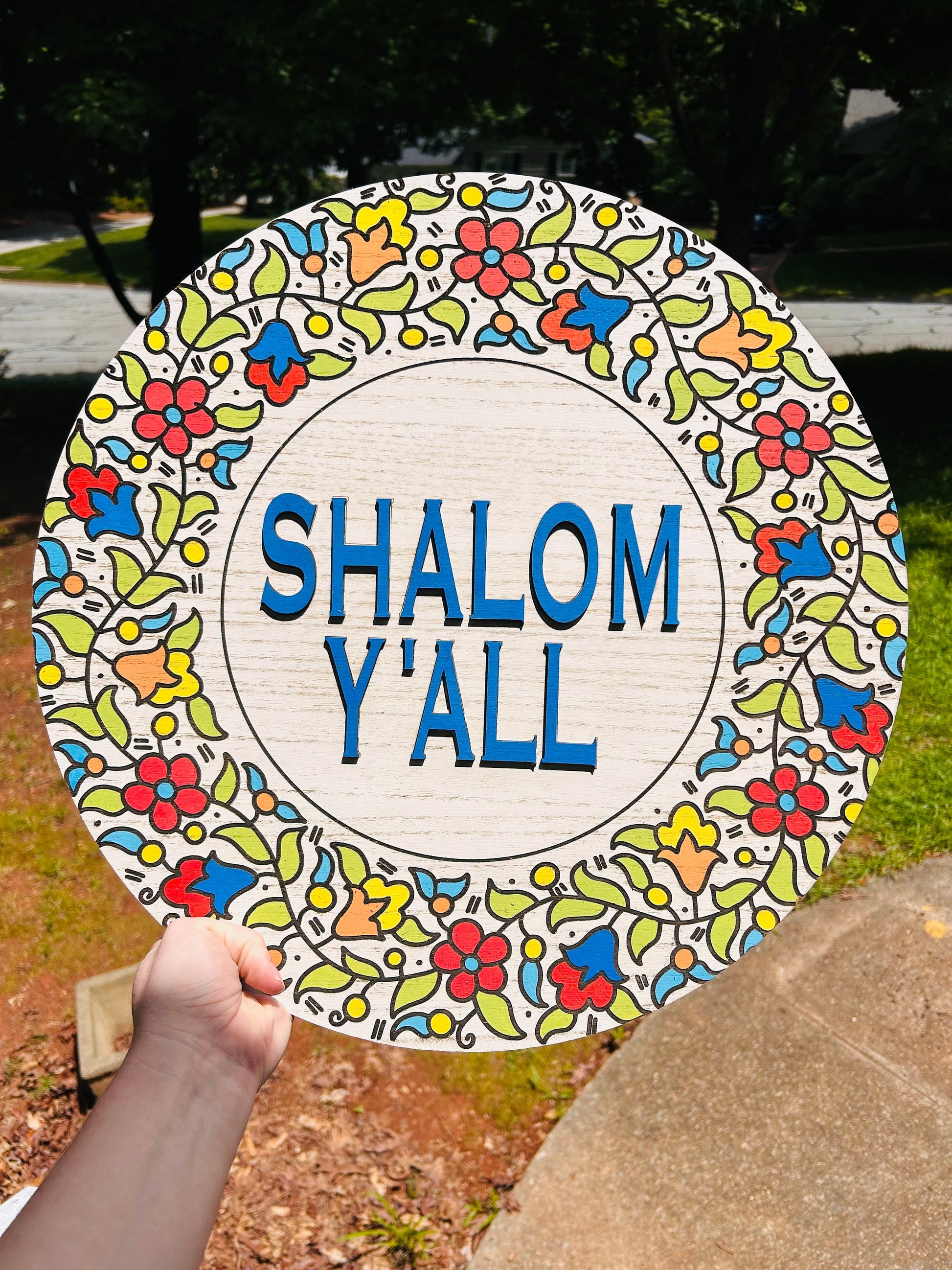 Shalom Y'all Wooden Door Hanger | 18" Judaica Decor with Floral Design
