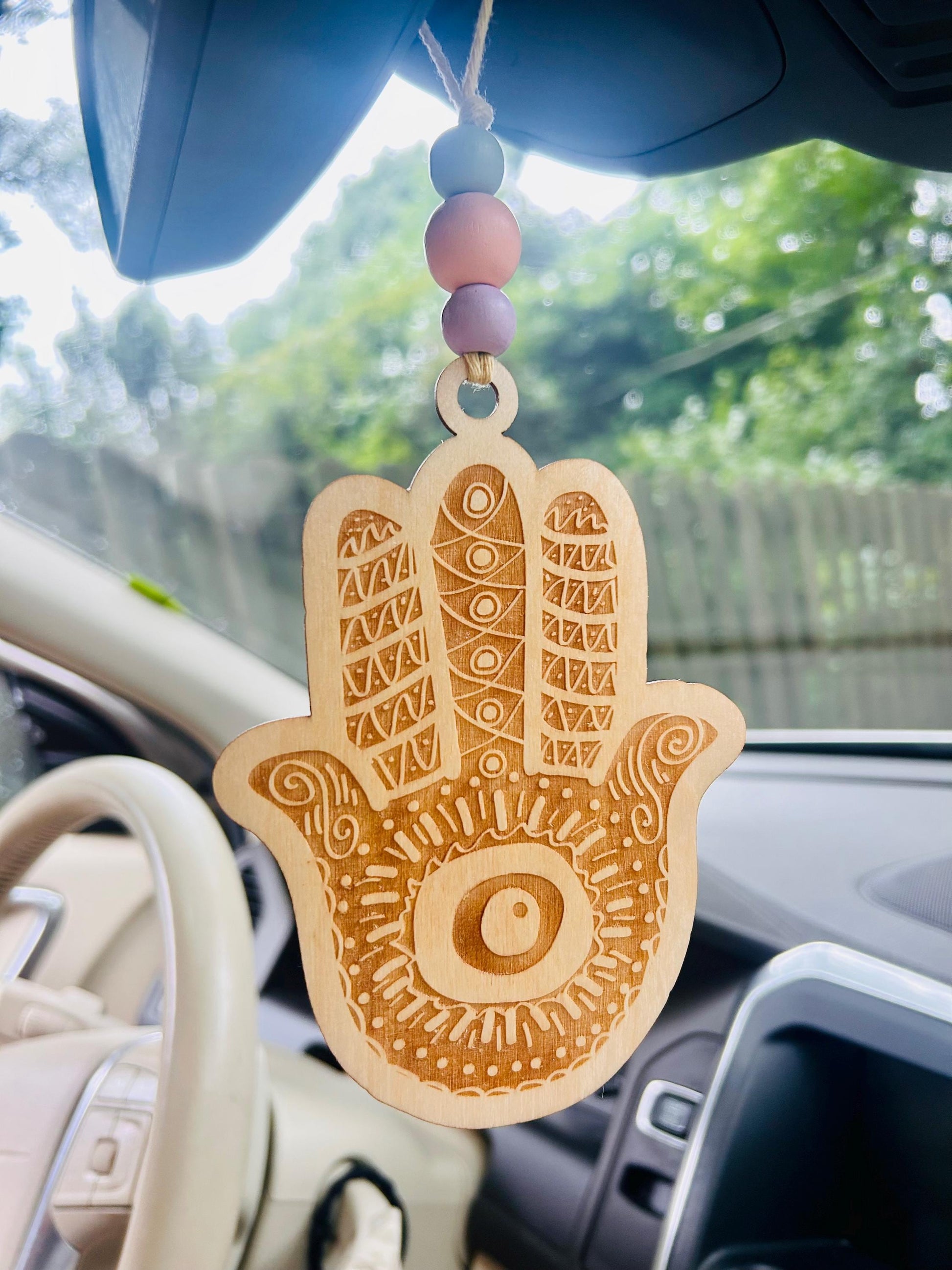 Hamsa Car Rearview Mirror Hanger | Traveler's Prayer | Tefilat Haderech | Jewish Blessing | Modern Judaica